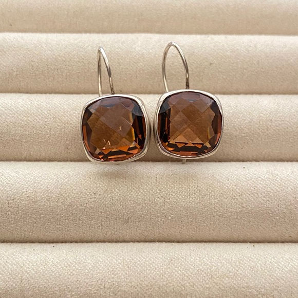 Jewelry - Vintage 925 Sterling Silver Amber Cushion Drop Wire Hook Earrings